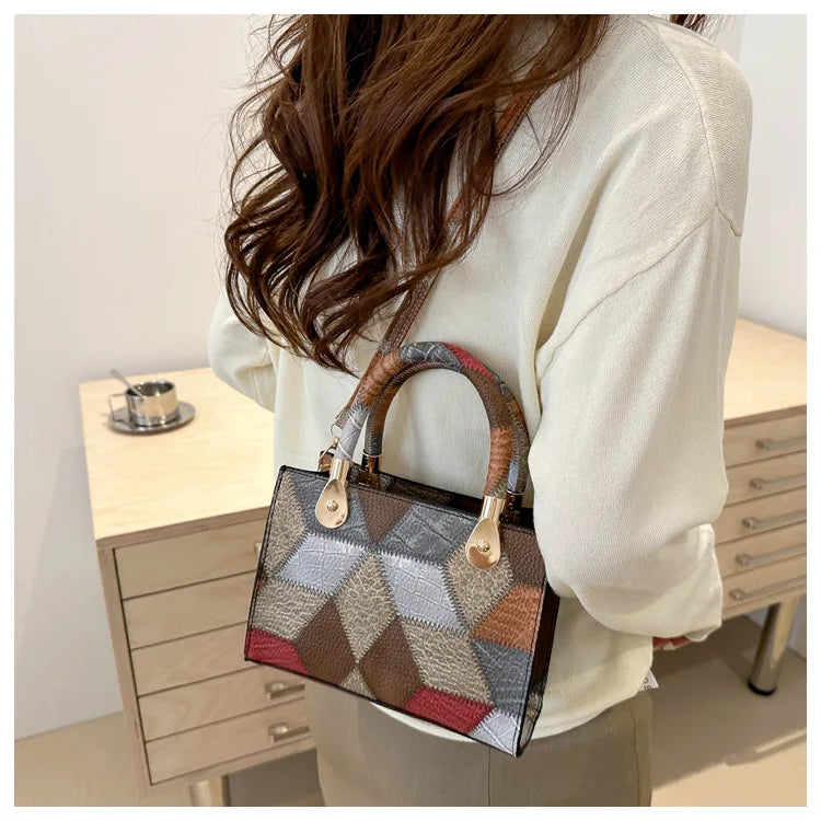 Fashion Patchwork PU Leather Top-Handle Bag | Trendy Square Design Ladies Handbag | Casual Daily Crossbody Shoulder Bag | Designer Applique Satchel for Women (Model E553) Luxegan