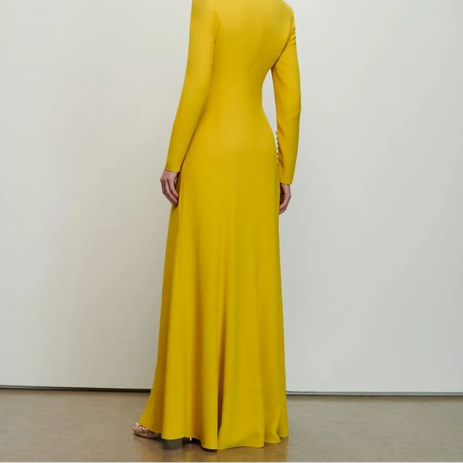 Vivid Yellow Satin Mermaid Prom Dress | Elegant Round-Neck Long-Sleeve Formal Gown | Classic Front-Twist Floor-Length Dress with High Slit and Sweep Train Luxegan