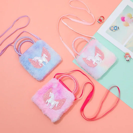 Children's Unicorn Cartoon Plush Shoulder Bag | Girls' Soft Suede Crossbody Purse | Kids' Mini Square Coin Wallet | Cute 13cm Unicorn School Messenger Bag Luxegan