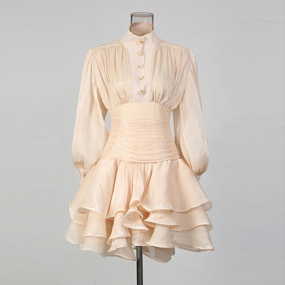 Solid Stand Collar Long Puff Sleeve Tiered Detail Slim Fit A-Line Knee-Length Dress – Empire Waist, Spring/Summer Luxegan