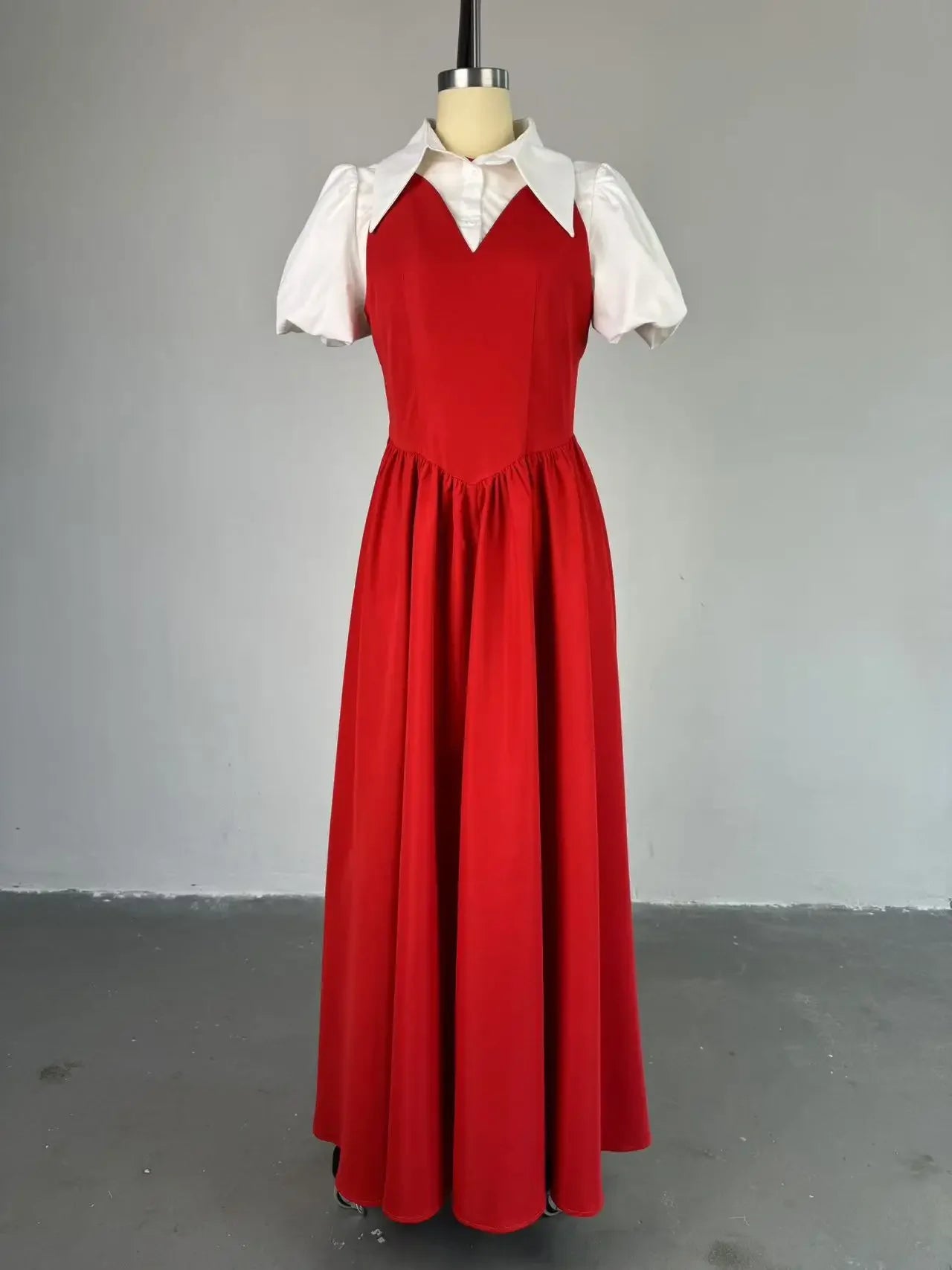 Turn-Down Collar Puff Sleeve Ruched Pleated Ball Gown Maxi Dress | High Waist Knit Swing Streetwear Dress Luxegan