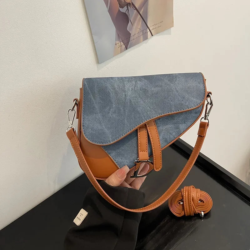 Denim-Look Contrast Saddle Bag | Fashionable Box Messenger Purse Luxegan