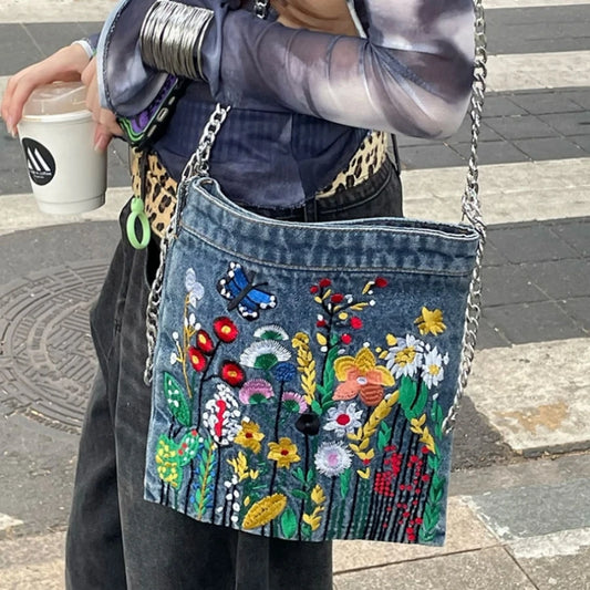 Embroidered Flowers Cowboy Shoulder Bag | Fashion Chain Ladies' Messenger Bag & Denim Handbag Luxegan