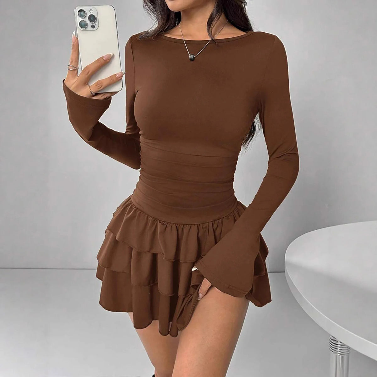 Solid Office Lady O-Neck Full-Length Sleeve Slim Pleated Knee-Length Dress – Medium-Stretch Polyester, Natural Waist, Autumn/Winter Luxegan