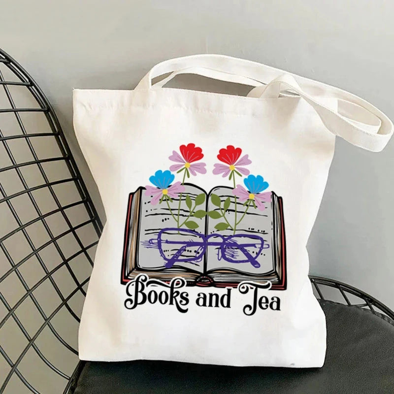 Flowery Books Printed Canvas Tote Bag | Retro Large Capacity Eco-friendly Shopping Bag | Unisex Student Schoolbag Shoulder Bag Luxegan