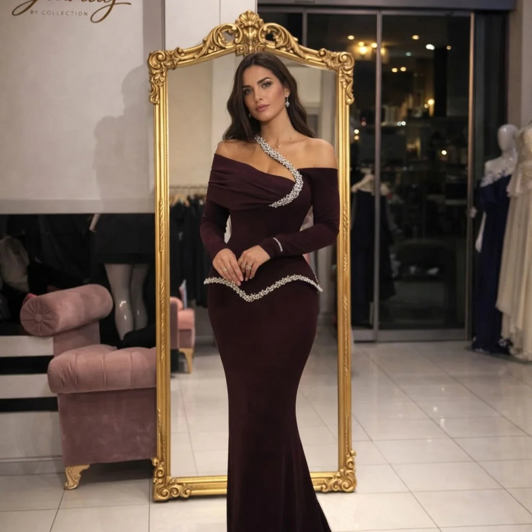 Mila Plum Off Shoulder Prom Dresses Long Sleeves Beaded Trim Mermaid Floor Length Customized Formal Evening vestidos de gala