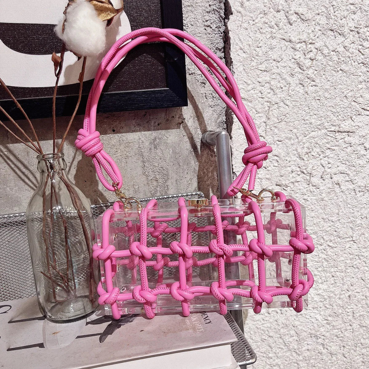 Diamond Clear Acrylic Box Evening Bag | Boutique Woven Knotted Rhinestone Purse | Luxury Party Clutch with Crystal Rope Handle & Metal Chain (Model 1201000988) Luxegan