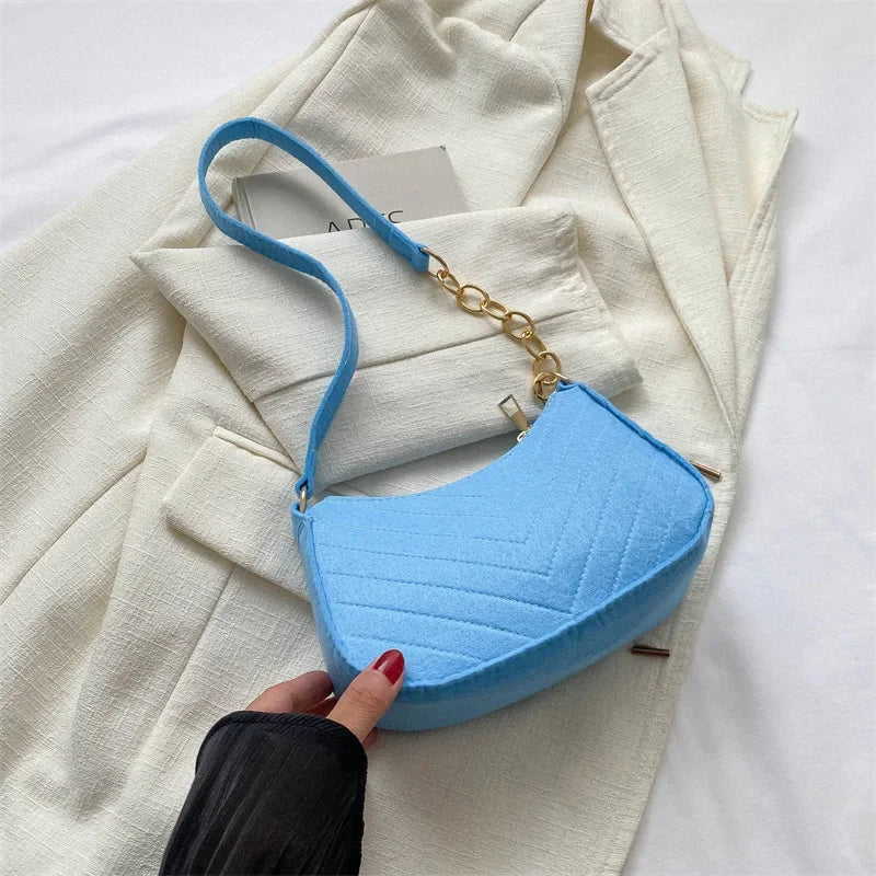 Fashion Felt Mini Shoulder Bag for Women | Design Advanced Crescent Saddle Underarm Handbag with Chain Detail Luxegan