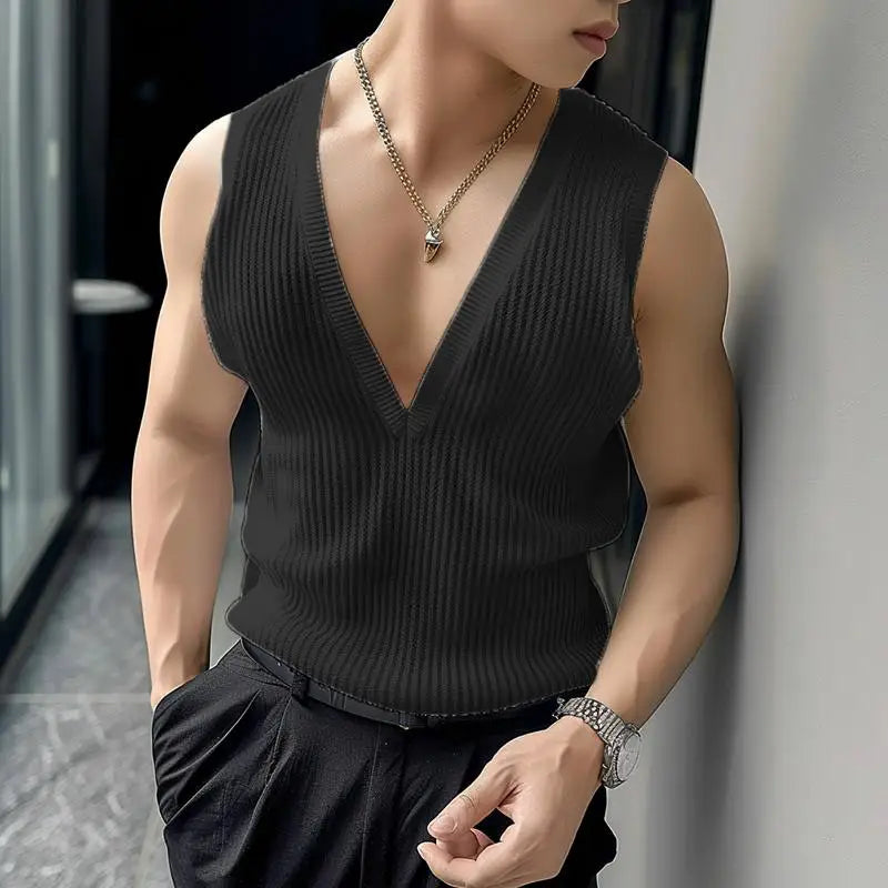 Men’s Handsome Deep V Knitted Tank Top | Sophisticated "Vertical Stripe" Hollow Silhouette | Elegant Leisure Streetwear Thin Vest | "Dignified" High-Performance Summer Knitwear for Radiant Versatile Styling Luxegan