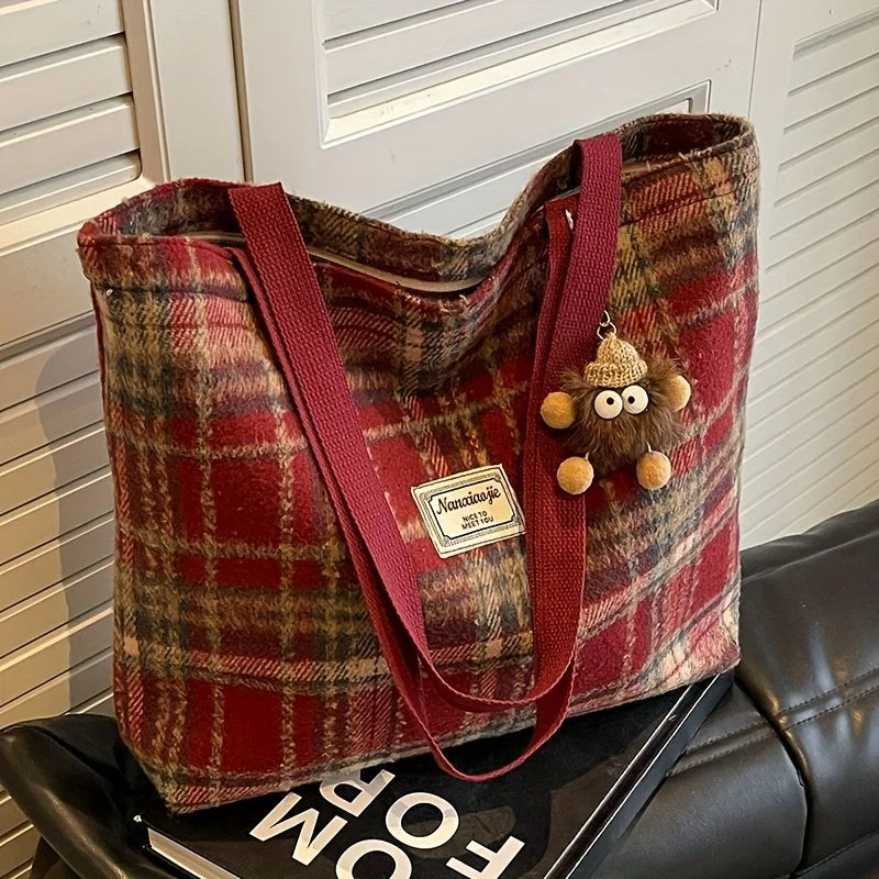 Retro High-End Plaid Large Capacity Shoulder Tote Bag for Women | Durable Woolen-Look Polyester for Autumn/Winter Luxegan