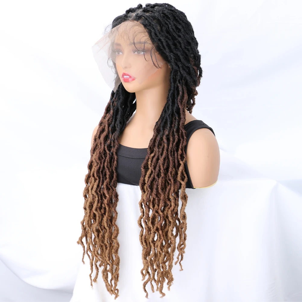 Ombre Faux Locs Braided Wig with Baby Hair & Curly Ends – Square Part Lace Front | 24 Inches Luxegan
