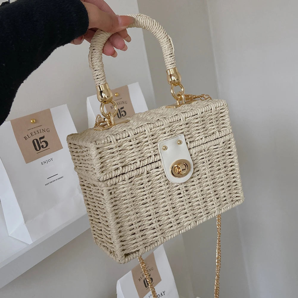 Rattan Straw Shoulder Bag | Women's Boho Hand-Woven Basket Messenger Pouch & Summer Beach Top-Handle Handbag Luxegan