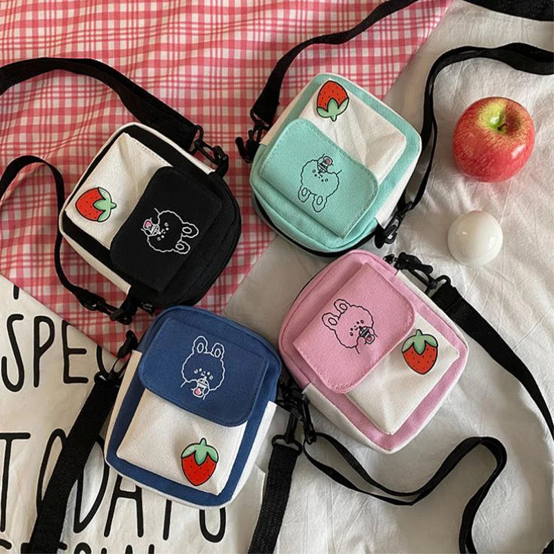 Korean Fashion Canvas Shoulder Bag | Small Messenger Crossbody for Girl Students | Sophisticated Cartoon Aesthetic Cotton Cloth Handbag | Fashion-Forward Square Canvas Bag for Daily Study & Leisure Luxegan