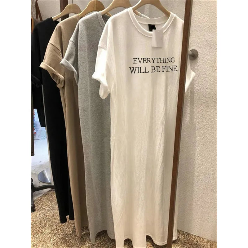 Summer Thin Plus-Size Dress | Casual Letter-Printed O-Neck Lounge Dress | Loose Fit Ankle-Length A-Line Dress | Lightweight Short-Sleeved Streetwear Gown for Juniors Luxegan