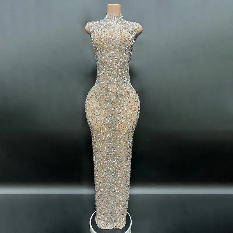 Luxurious Rhinestone Celebration Party Dress | Sparkling Couture Baby Shower Gown | One-Shoulder Turtleneck Medium-Stretch Sheath Dress Luxegan