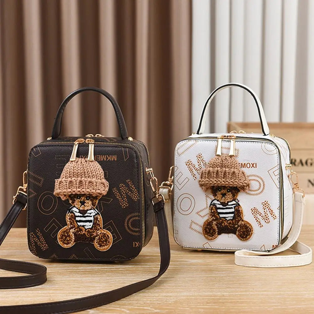 PU Leather Shoulder Bags | Fashion Simple Cute Cartoon Bear Crossbody Bag & Messenger Bag (Women's Small Square Handbags) Luxegan