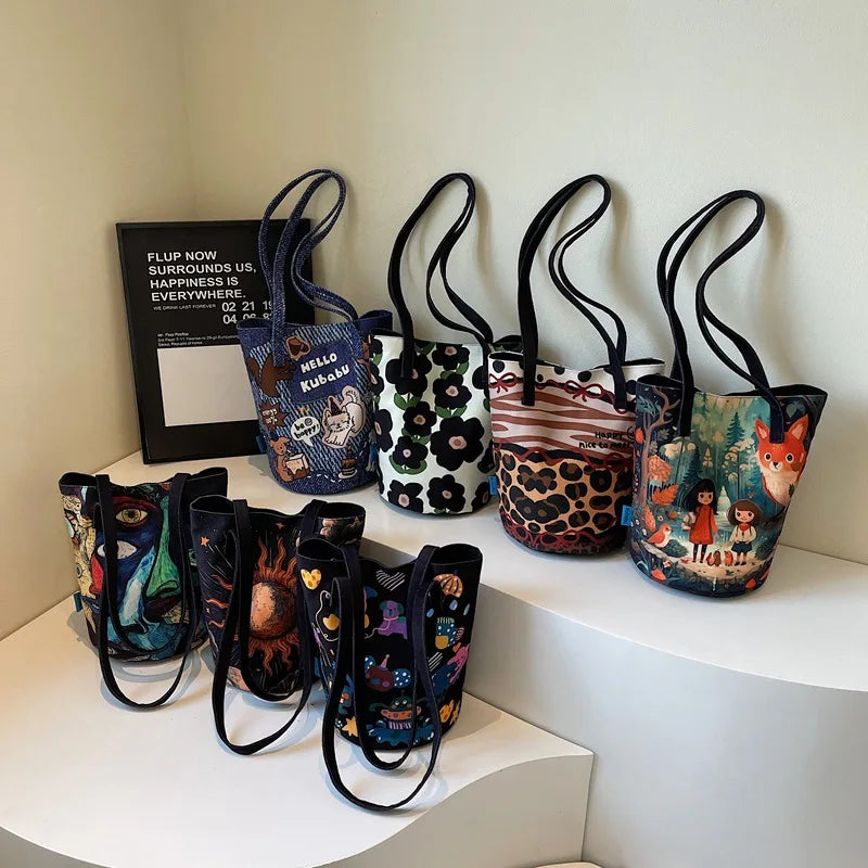 Trendy Leopard Print Illustration Splicing Bucket Bag | New Large-Capacity Canvas Shoulder Handbag for Women Luxegan