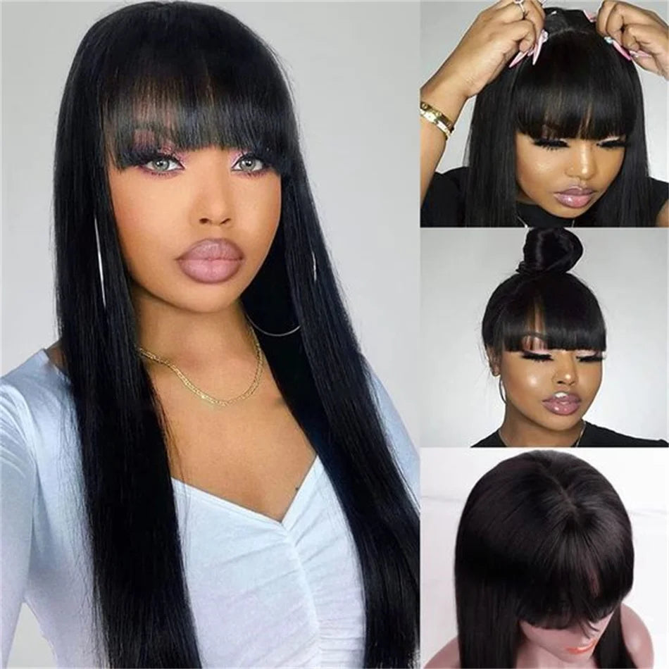 Silky Straight Human Hair Wig with Bangs - Full Machine-Made Glueless Medium-Length Wig - 100% Brazilian Remy Human Hair Natural Black Fringe Wig for Women (18-24 Inch Clearance Sale) Luxegan