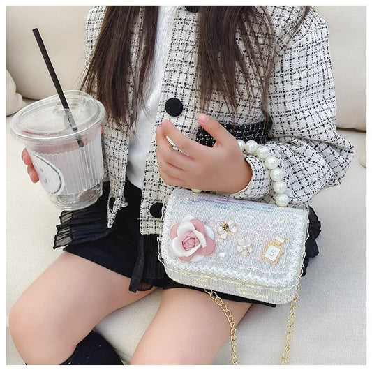 Sweet Cute Cartoon Princess Children's Shoulder Bag | Lovely Flower Girls' Handbag | Novel Pearl Handheld Mini Bag | Fashionable Shell Shape Kids' Crossbody (Model z122813) Luxegan