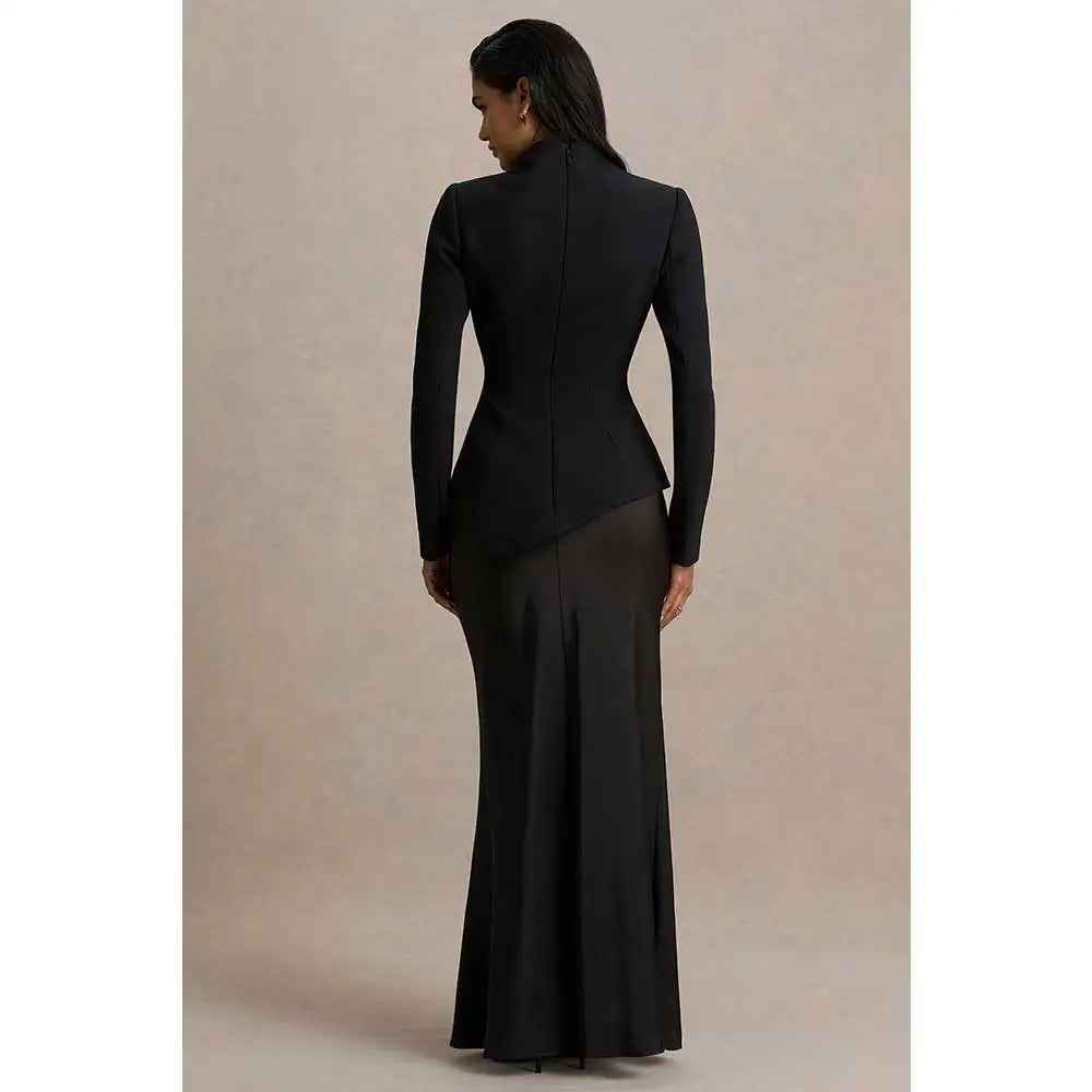 YUNLAN Gorgeous Saudi Arabian Ivory High Neck Custom Satin Wedding Dress 2025 Muslim Women's Formal Party Black Long Sleeve Gown