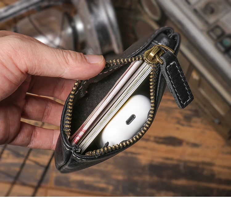 GURO Mini Monedero de Cuero Genuino de Lujo para Hombre, Cartera Corta con Cremallera, Pequeño Estuche de Cuero Vacuno para Mujer, Tarjetero, Bolsas Cuadradas Diarias para Llaves
