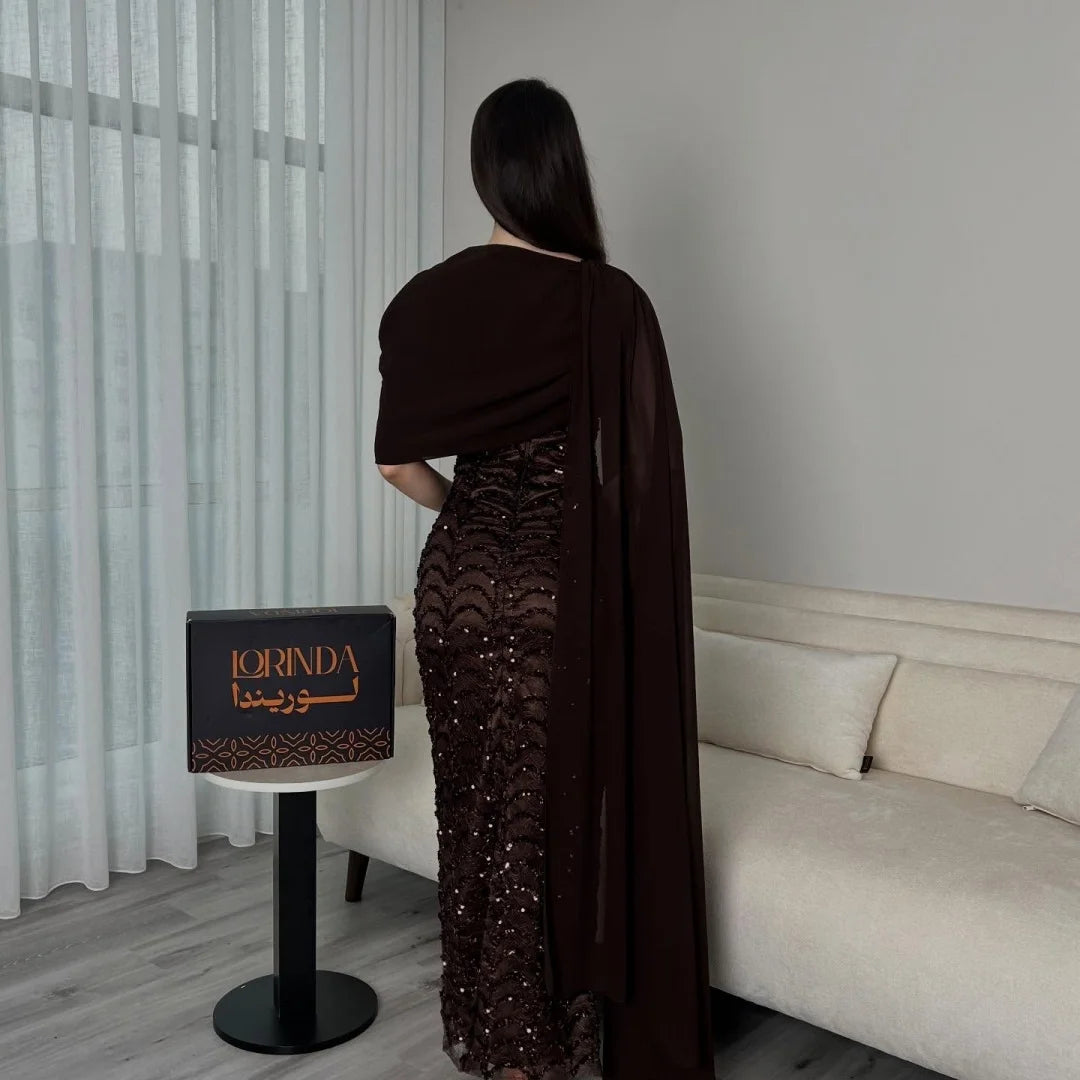 Bella Custom Chocolate Brown Sequin Graduation Dress | Elegant One-Shoulder Capelet Inspired Strapless Gown | Luxurious Knit Silk Backless Party Dress | Classic Knee-Length A-Line Formal Evening Wear Luxegan