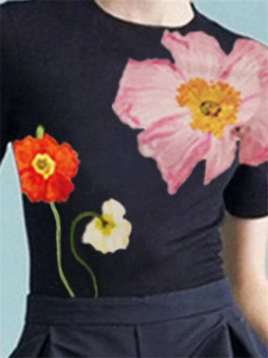 Floral Printed Slim Fit Urban T-Shirt | Sophisticated O-Neck Short Sleeve Silhouette | Elegant "Skinny Fit" Summer Tee | "Dignified" Korean Style Blended Top for Radiant Versatile Styling Luxegan