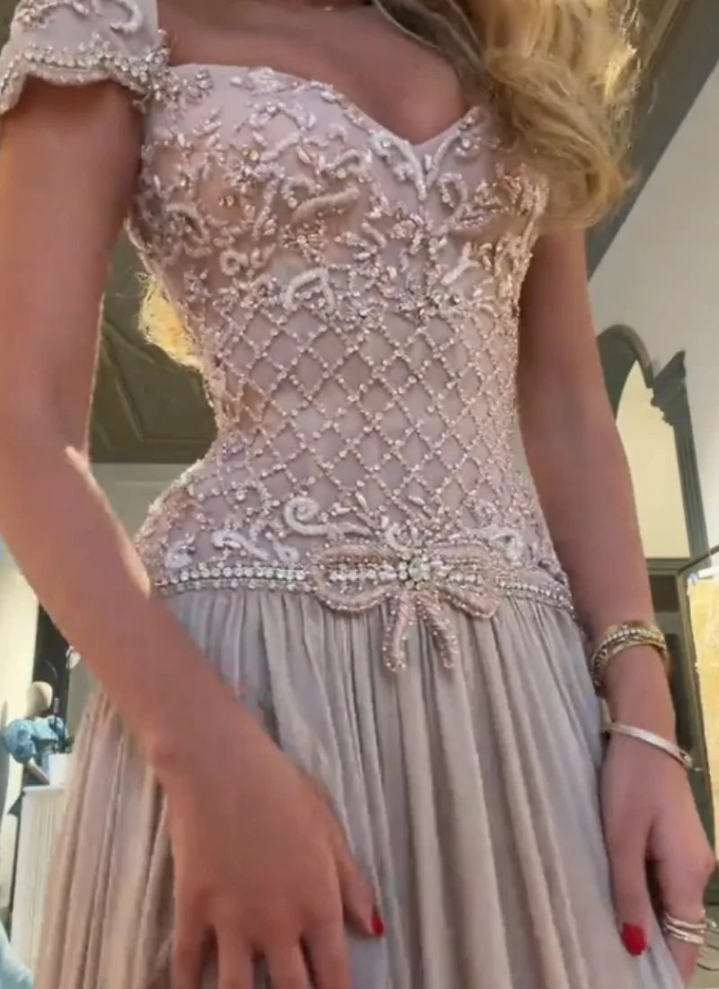 Aunber Luxury Nude Pink A-Line Cap Sleeves Beaded Evening Dress with  Crystals Bow for Formal Occasion Gowns Customized