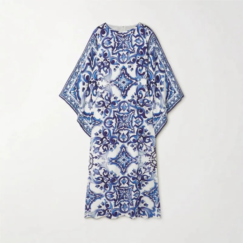 Blue & White Porcelain Print Midi Dress – Slash Neck, 3/4 Sleeve, Side Split Luxegan