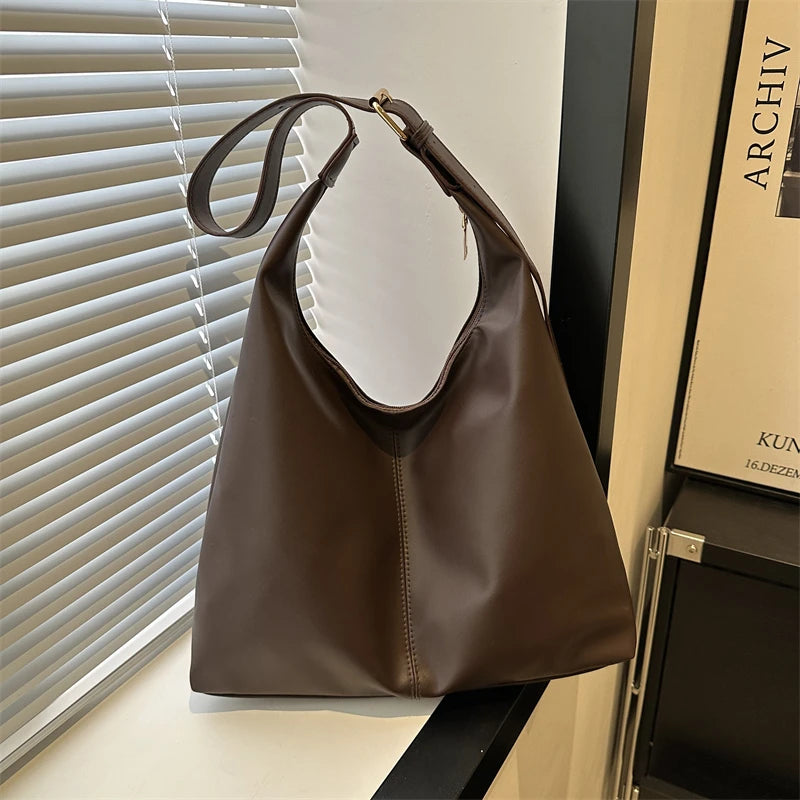 PU Leather Solid Hobo Bag | Soft Trendy Retro Large Capacity Commute Tote Luxegan
