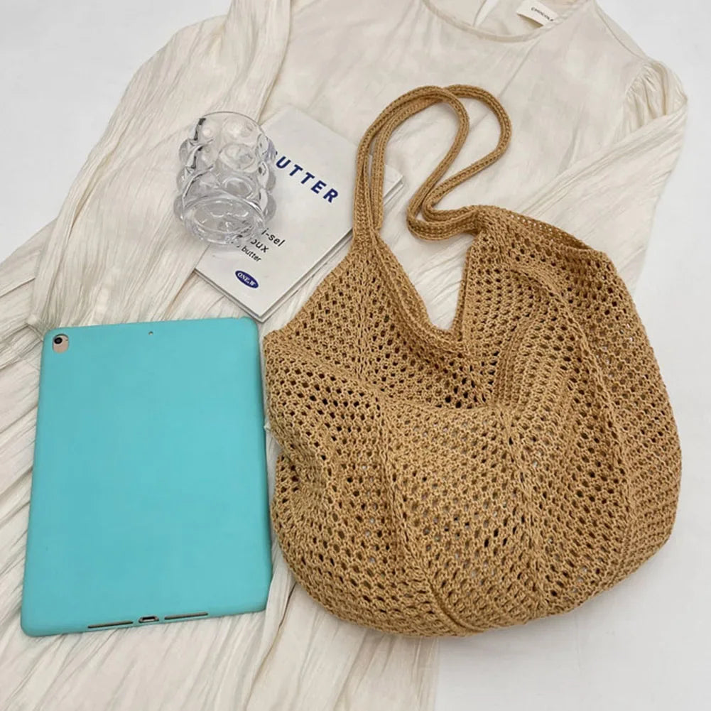 Fashionable Women’s Open-Weave Shoulder Bag | Large Capacity Knitted Underarm Bag | Minimalist Crochet Handbag | Summer Mesh Beach Bag for Vacation & Leisure Luxegan