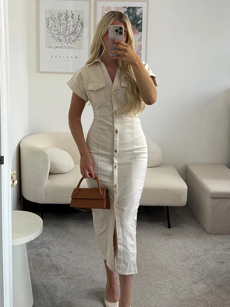 Solid Lapel Collar Short Sleeve Button Detail Slim Fit Sheath Ankle-Length Dress – Natural Waist, Summer Luxegan