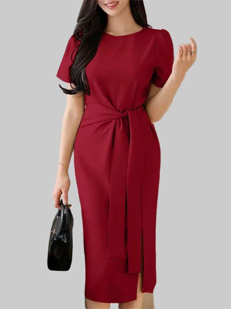 Lace-Up Sash Midi Dress | Short Sleeve O-Neck Sheath Office Elegant Sundress Luxegan