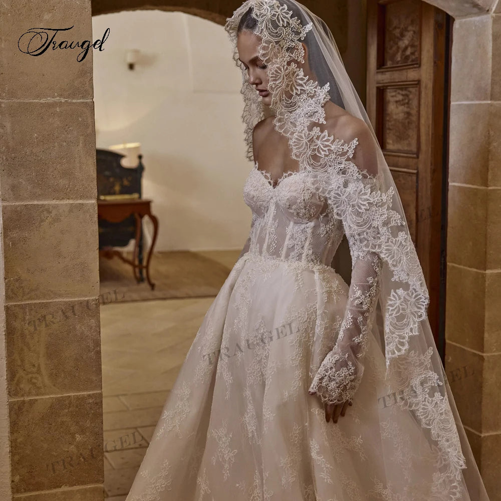 Romantic Sweetheart Lace A-Line Wedding Dress | Vintage Long-Sleeve Backless Bridal Gown | Full-Sleeve Cotton Voile Classic Court Train Dress Luxegan