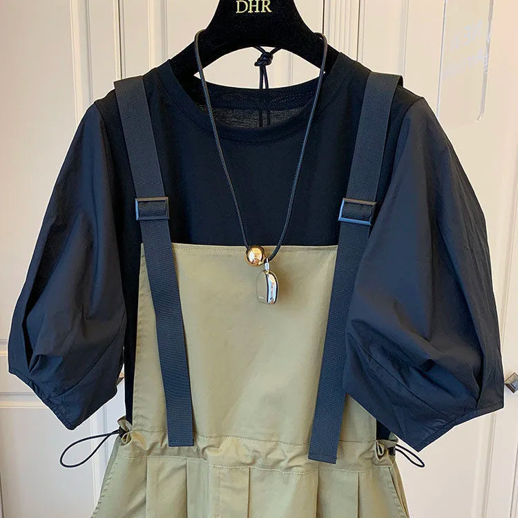 Women's Spring Summer Workwear Overalls Two-Piece Set | Trendy Bubble Puff Sleeve Streetwear Suit | Chic Salt System Casual Outfit | Premium Loose Fit O-Neck Mid-Calf Fashionable Set Luxegan