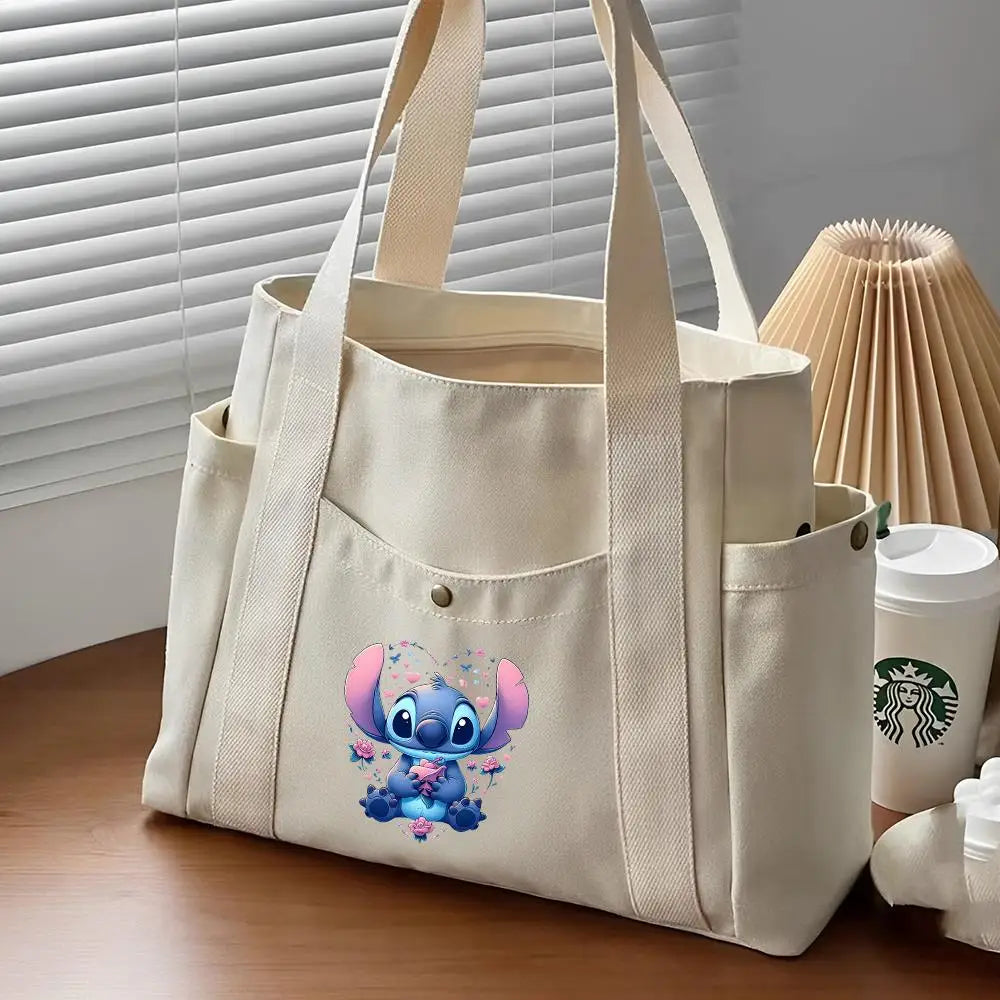 Lilo & Stitch Large Canvas Tote Bag | College Style Commuter & Student Shoulder Bag | Cartoon Shopping Handbag (Unisex) Luxegan