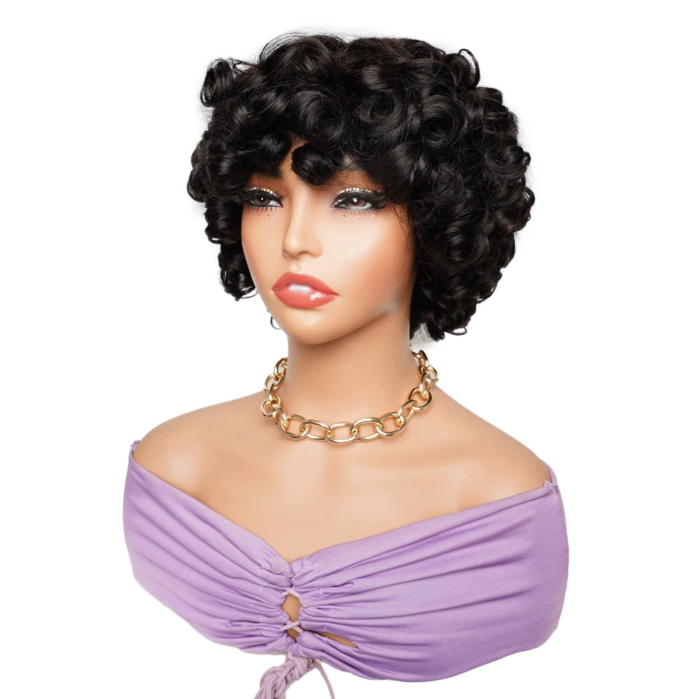10-Inch Loose Wave Short Bob Human Hair Wig - 250% Density Full Machine-Made Glueless Wig - 100% Indian Remy Human Hair natural Color, Brown & Burgundy (#99J) Wig for Women Luxegan