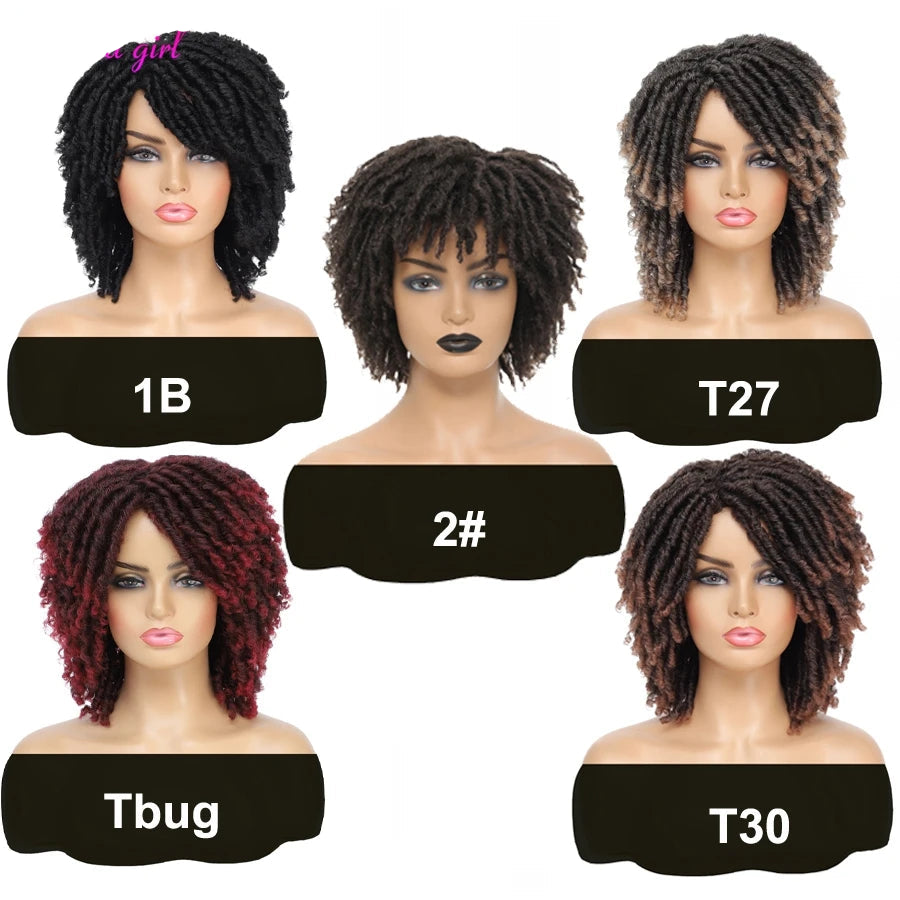 Short Afro Curly Faux Locs Wig | Twist Braids | Heat Resistant | Ombre Brown | Black Women Luxegan