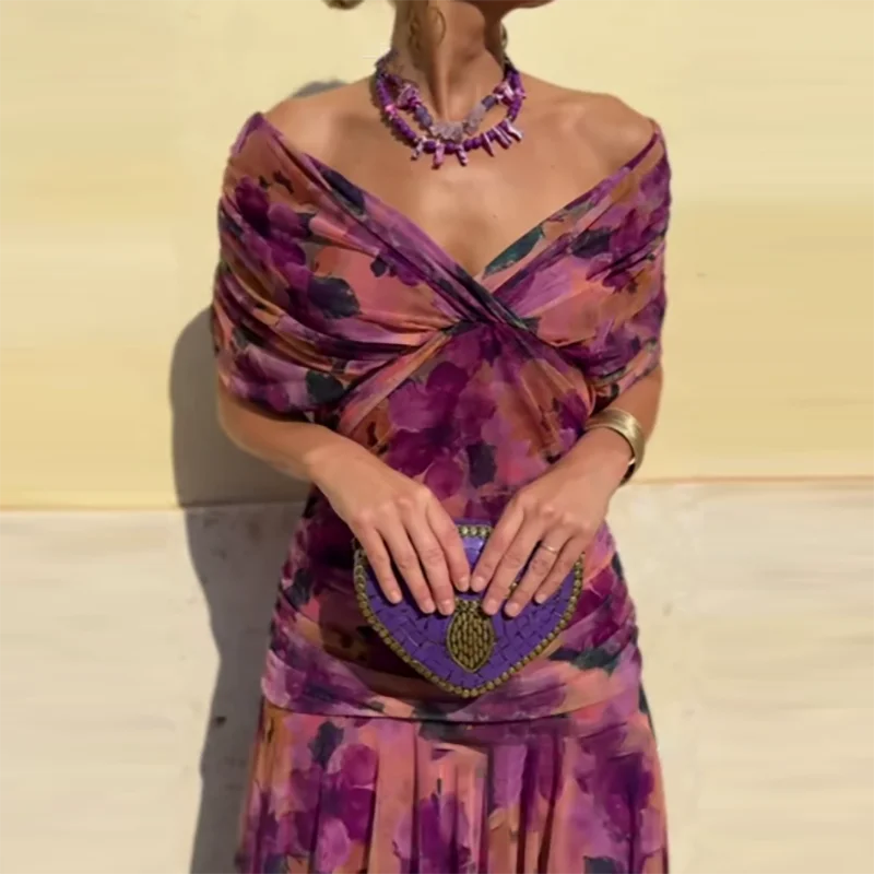 V-Neck Shawl Sleeve Pleated Maxi Dress | Floral Print Hollow Out High Waist Banquet Dress Luxegan