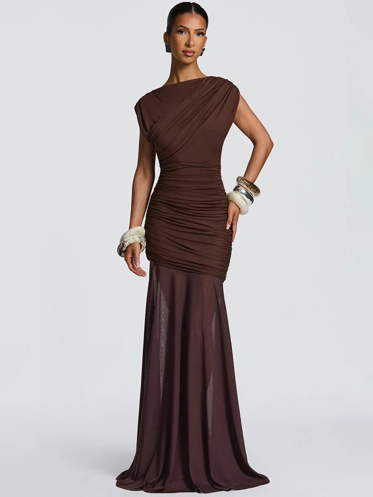 Women's Elegant Patchwork Mesh Maxi Dress | Sexy O-Neck Sleeveless Evening Gown | High Waist Slim Fit Ruched Club Party Long Dress | Premium High-Stretch Floor-Length Vestido Luxegan