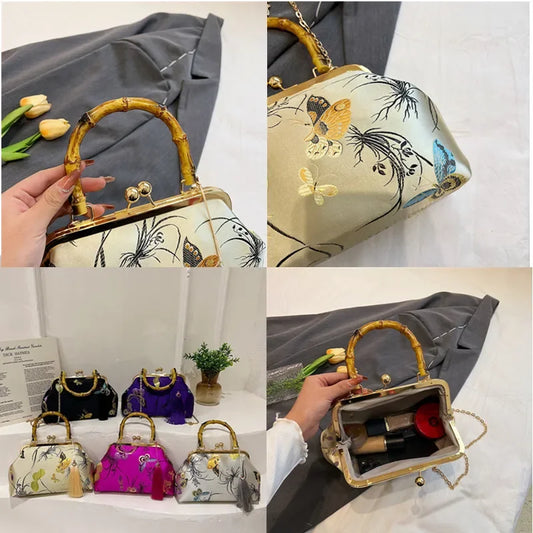 Luxury Embroidery Vintage Evening Bag | Wedding Style Floral Handbag with Tassel Design | National Fashion Shoulder & Crossbody Bag with Bamboo Fiber Lining Luxegan