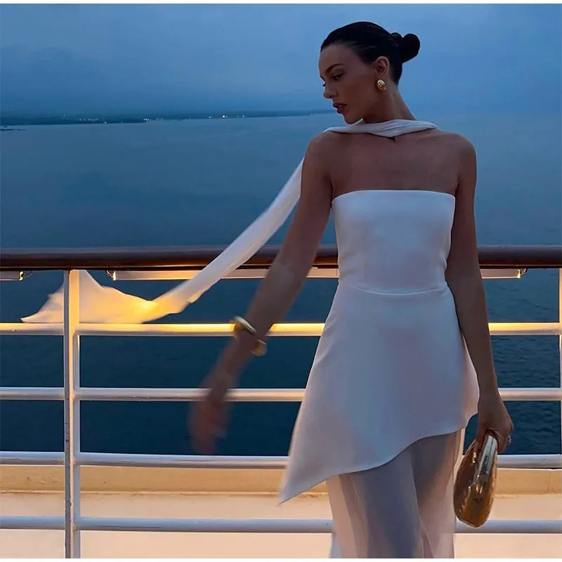 Elegant White Mesh Splicing Slim Women Strapless Dress Chic Scarf Neck Off Shoulder High Waist Long Dresses Lady Party Robes