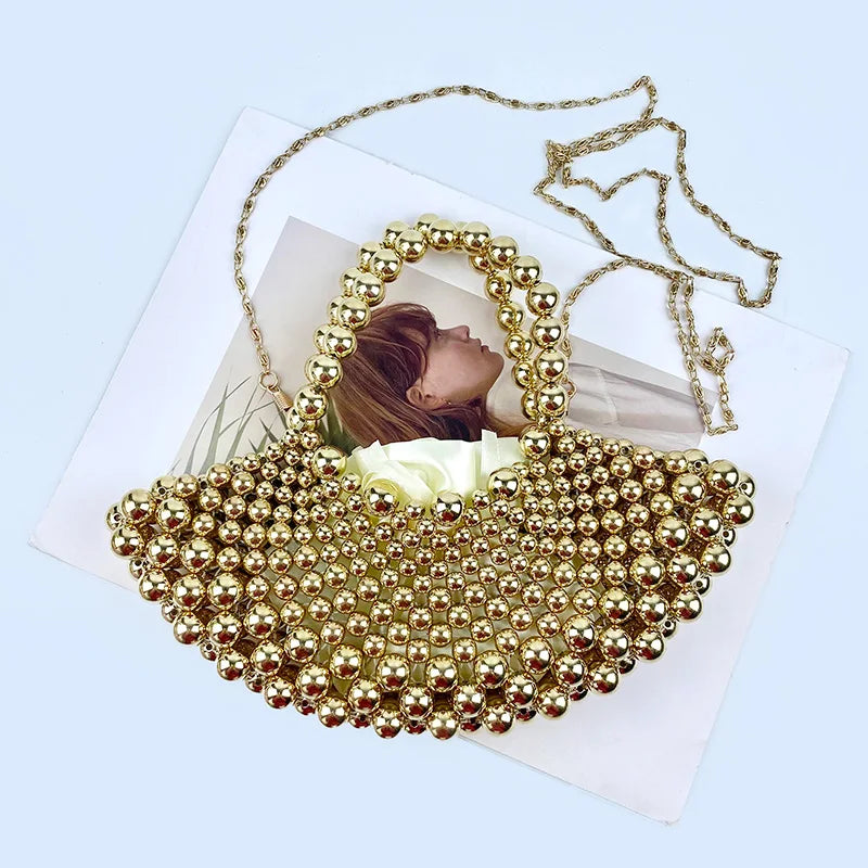 Summer Haute Couture Niche Fan-Shaped Beaded Bag | New Handmade Hollow Pearl Crossbody | Elegant ABS Pearl Hobo & Evening Handbag Luxegan