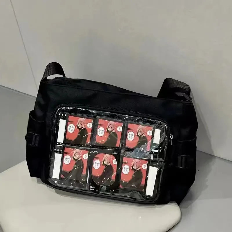 New Japan Style Transparent Display Shoulder Bag | Anime Expo DIY Decoration Crossbody | Casual Nylon Ita Bag Tote | Versatile Women's Postcard Display Messenger Bag Luxegan
