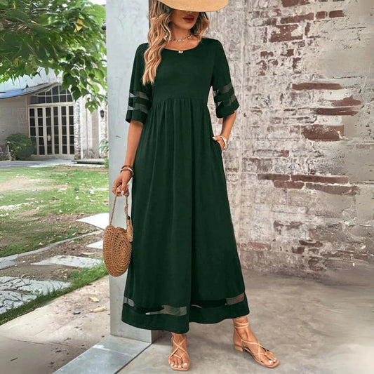 Five-Quarter Sleeve Round Neck Loose Maxi Dress | Solid Knit Casual Everyday Dress Luxegan