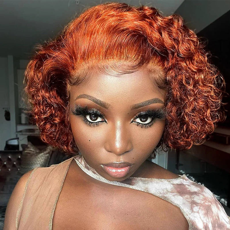 Vibrant Orange Pixie Cut Short Bob Wig - 13x4 Transparent Lace Frontal Human Hair Wig - French Curl Pre-Plucked Brazilian Remy Hair Wig for Women (6 Inch, Glueless) Luxegan