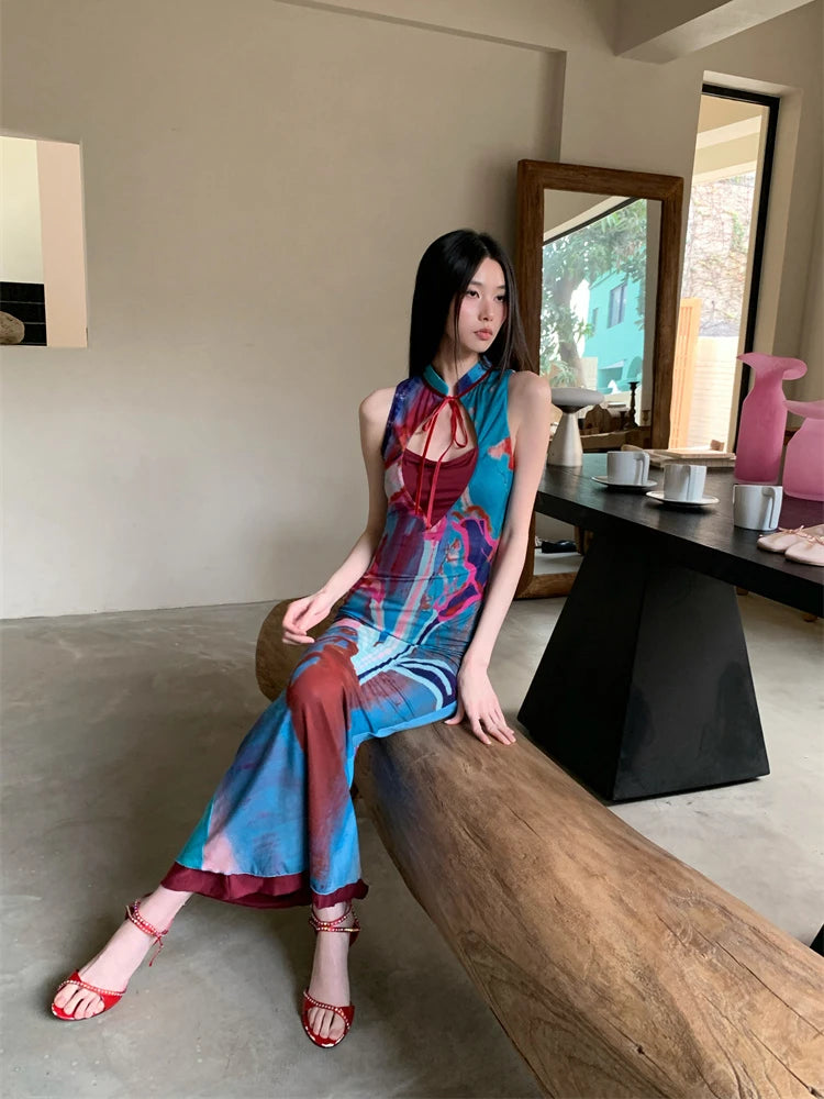 Women's Designer Floral Summer Midi Dress | Elegant Mandarin Collar Sleeveless A-Line Gown | Premium Patchwork Bodycon Tunic Party Dress | Regular Fit Mid-Calf Empire Waist Vestido Luxegan