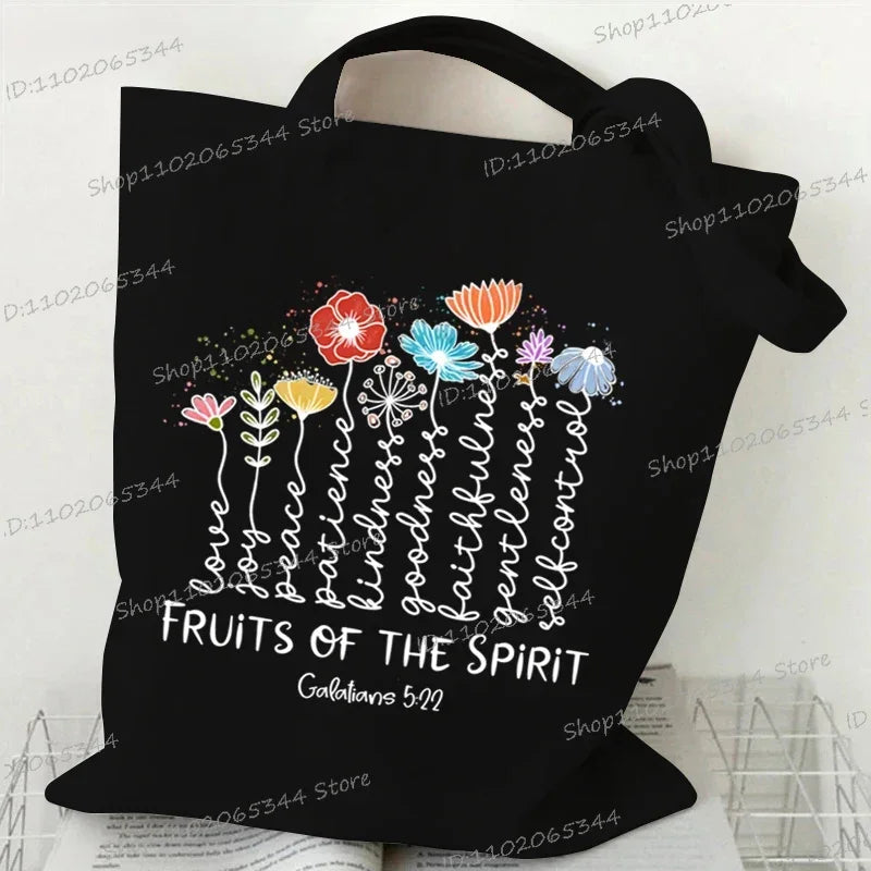Vintage Wildflower Canvas Tote Bag | "Fruits of The Spirit" Religion Faith Shoulder Bag | Bohemia Casual Handbag for Teenagers (Unisex) Luxegan