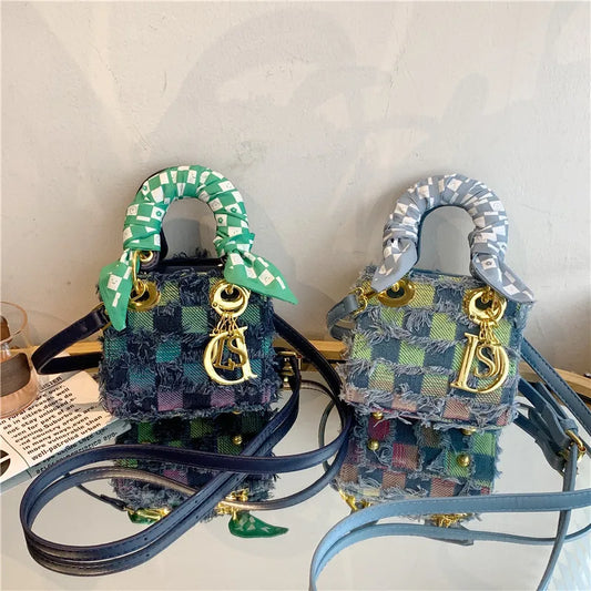 New Fashion Denim Silk Scarf Color Contrasting Mini Handbag | Single Shoulder Diagonal Cross Women's Bag Luxegan