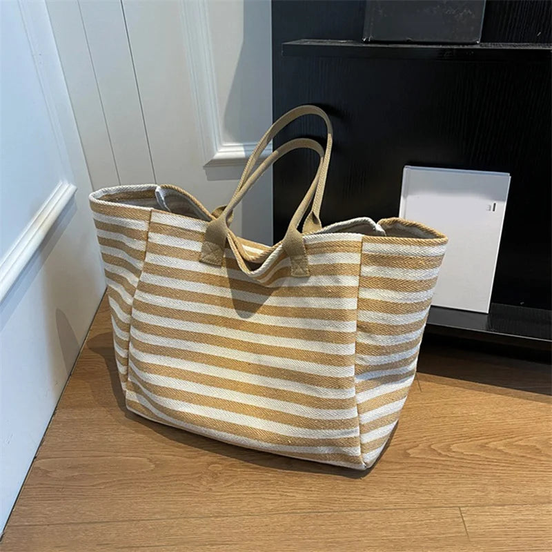 Casual Striped Canvas Bag for Women | Large Capacity Shoulder Bag & Daily Shopping Tote (Student Bookbag for School, Travel, Beach) Luxegan